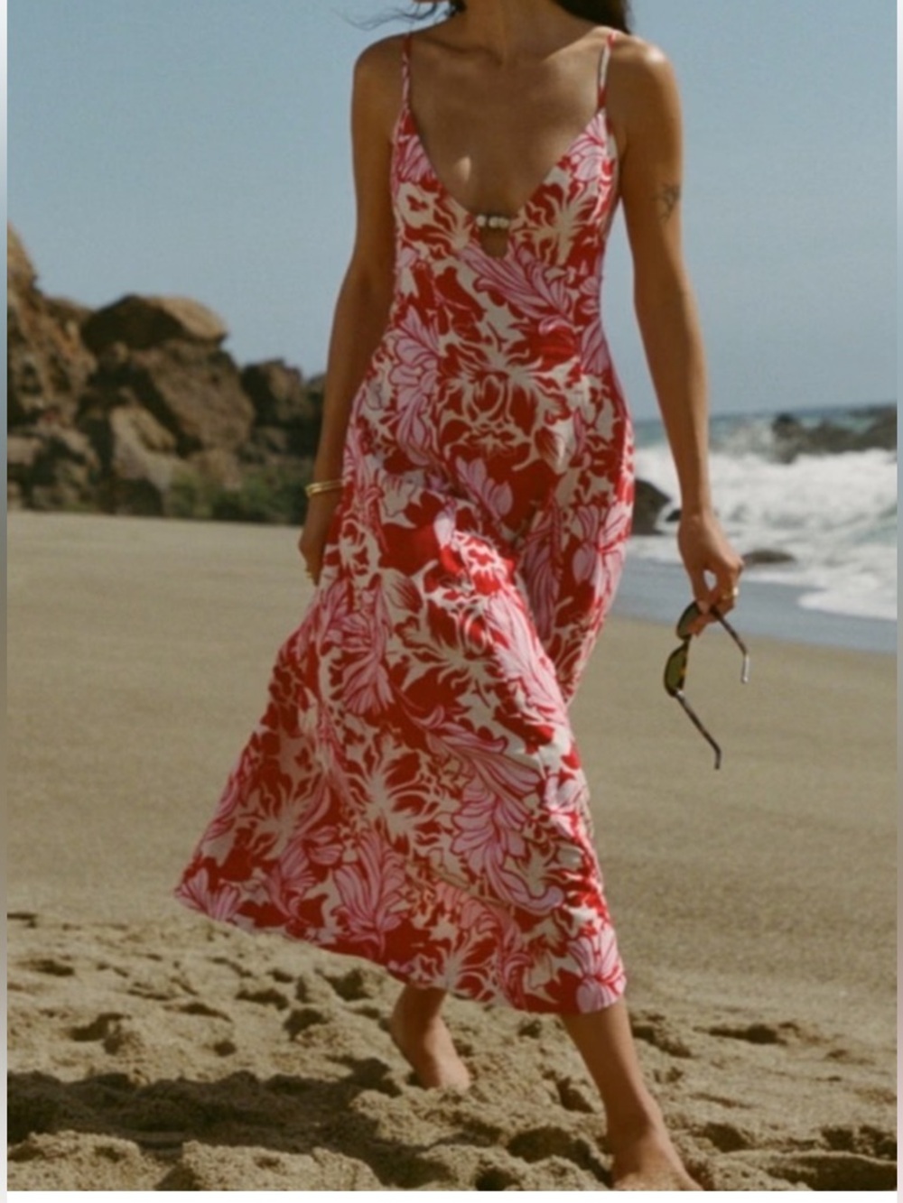 Abercrombie & Fitch Beaded Flowy Floral Red Pink Midi Dress Linen Blend Size XL - Picture 3 of 13